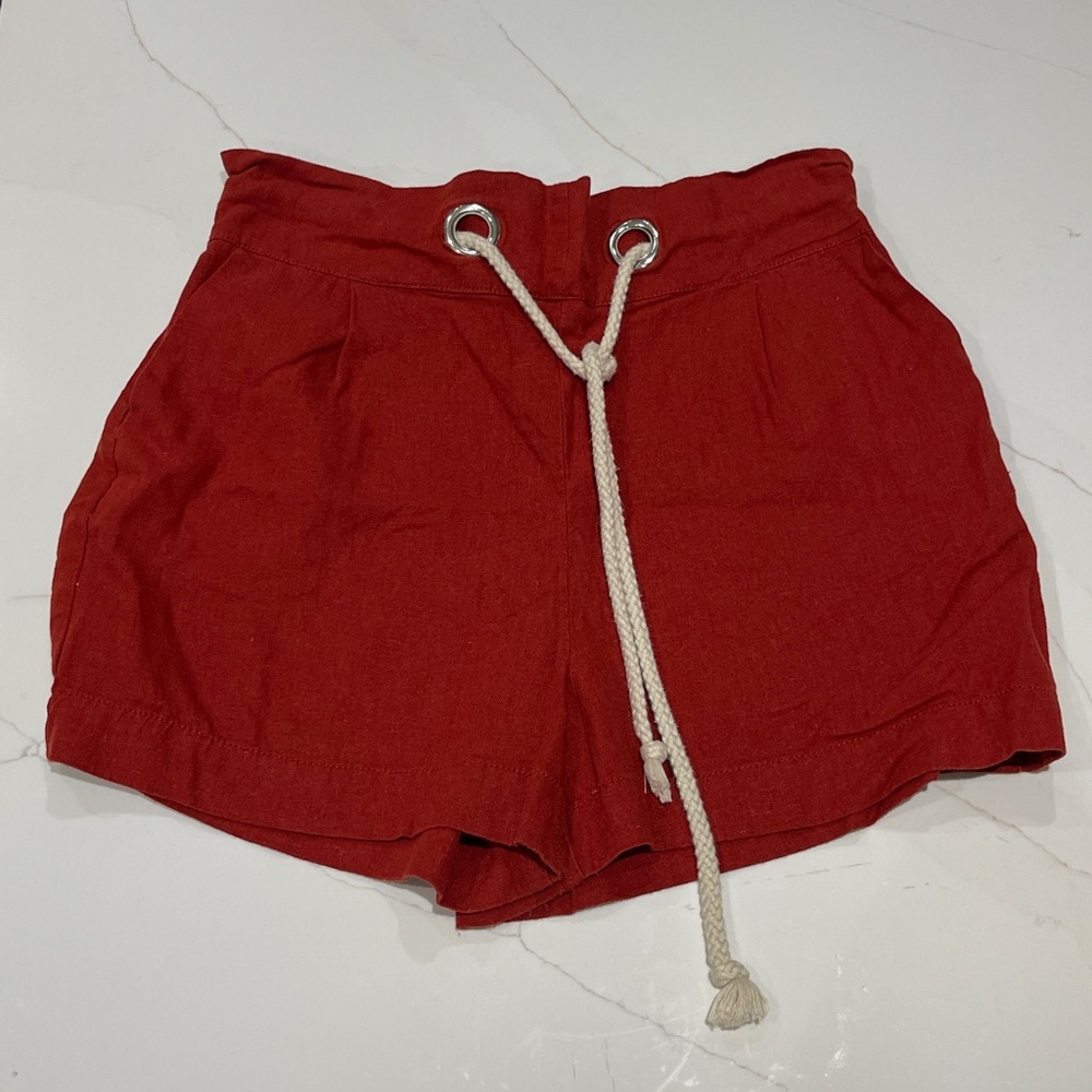 Ci Sono Linen High Waist Red Shorts with Drawstring